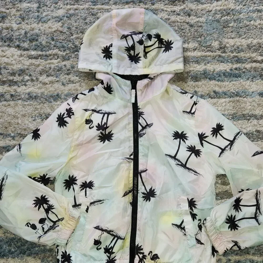 Justice Girls Windbreaker Jacket Lightweight Hood Size 10 Palm Trees Tropical